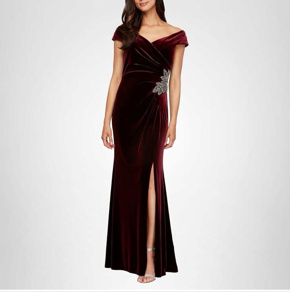 Alex Evenings Long Velvet Off The Shoulder Burgundy Holiday Dress, Gown 12